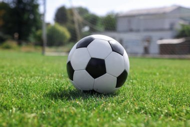 Yeşil çimlerin üzerinde futbol topu. Futbol oyunu