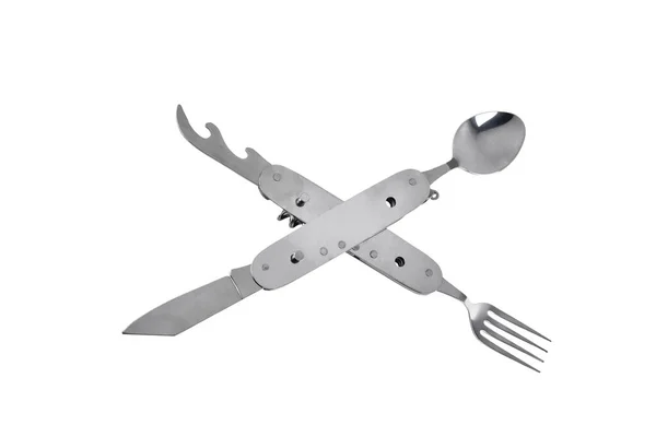 Travel multi-tool with fork, spoon and can opener, multifunctional set, utility knife with travel and tourism accessories set, tourist spoon and fork, close-up white background