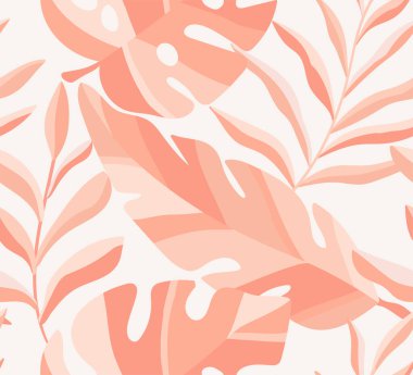 Tropikal yapraklarla kusursuz desen. Vektör botanik çizimi. Baskı, duvar kağıdı ve kumaş için yaz arkaplanı.