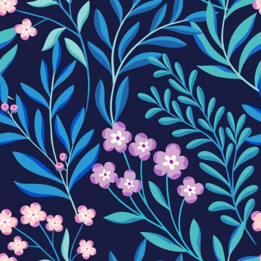 Vektör el yaprakları ve çiçekler pürüzsüz desen çizdi. Soyut moda çiçekli arka plan. Tekrarlanabilir doku.