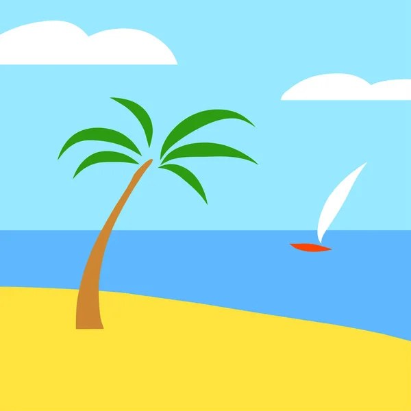 热带沙滩 有棕榈树和游艇在海 — 图库矢量图片