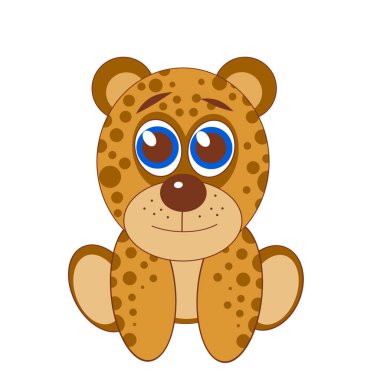 Mavi gözlü bir tür küçük karikatür leopar oturur ve beyaz bir arka plan üzerinde gülümsüyor.