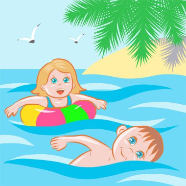 Çocuklar tatil beldesinde denizde yıkanın.