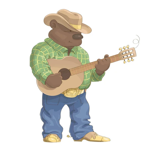 Orso cowboy con una chitarra . — Vettoriale Stock