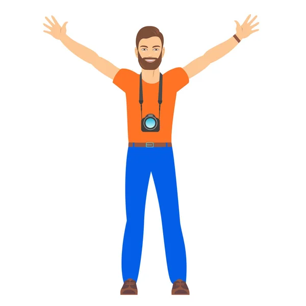 Touriste masculin avec les bras levés . — Image vectorielle