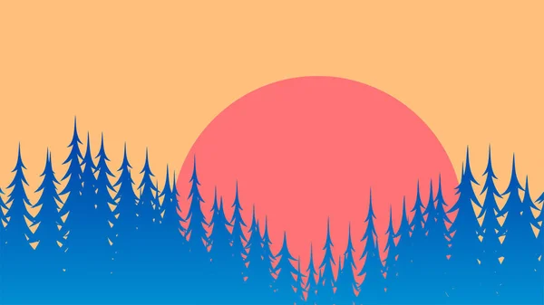 Silueta de bosque de coníferas y el sol . — Vector de stock