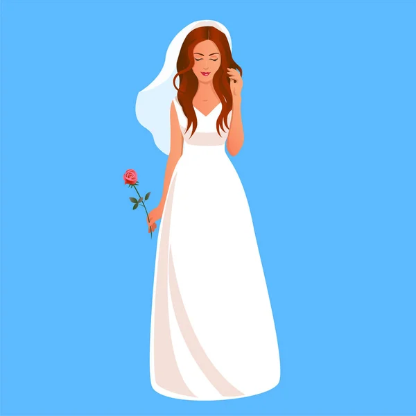 Красива Брюнетка Наречена Білій Весільній Сукні Вуаллю Стоїть Трояндою Руці — стоковий вектор