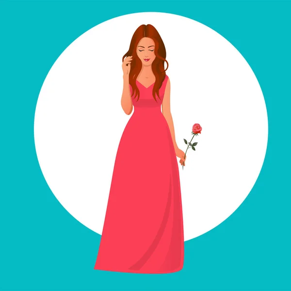 Красива Красива Брюнетка Дівчина Стоїть Довгій Вечірній Червоній Сукні Трояндою — стоковий вектор