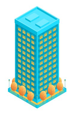 Katları ile yüksek mavi konut binası. Bu sonbahar sarı ağaçlar ve sokak lambaları ile bir çit ile çevrilidir. İzometrik tarzda yalıtılmış bir arka planüzerinde vektör çizimi.