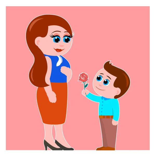Malý syn dává matce růžovou květinu. — Stockový vektor