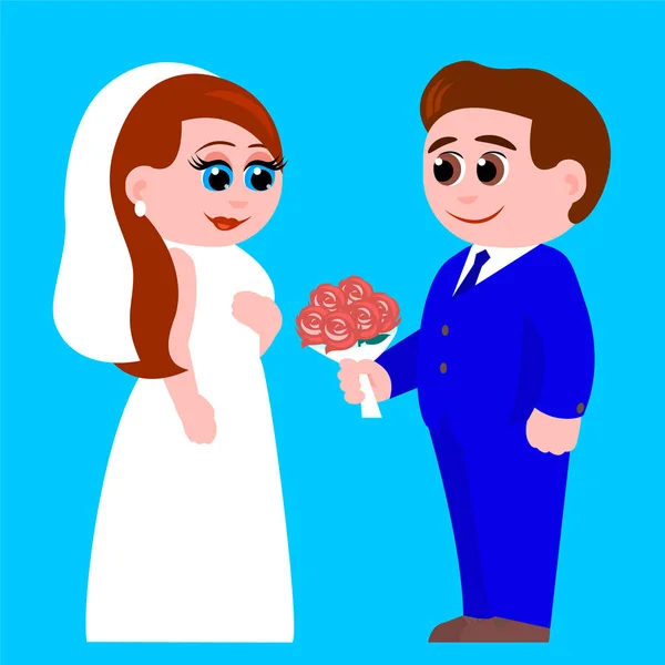 Счастливый жених дарит невесте букет — стоковый вектор