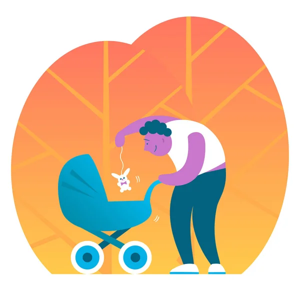 Der gute Vater spielt mit dem Baby im Kinderwagen. — Stockvektor