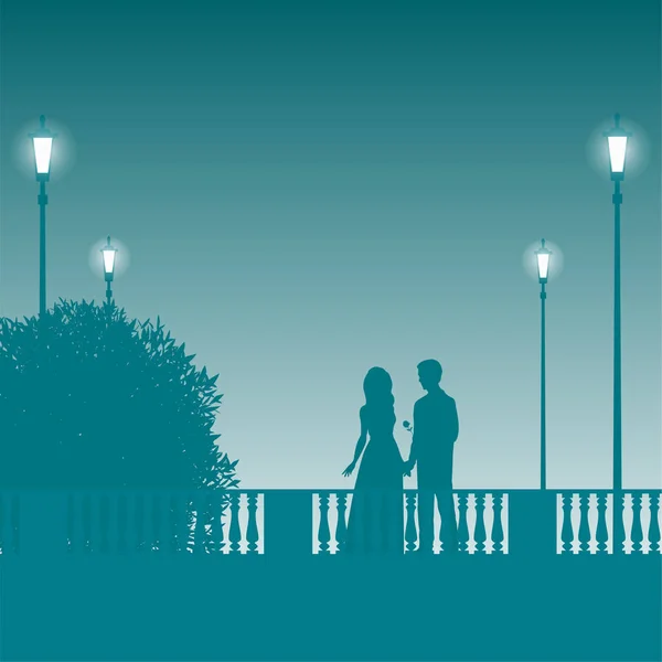 Date eines verliebten Paares im abendlichen Stadtpark. — Stockvektor