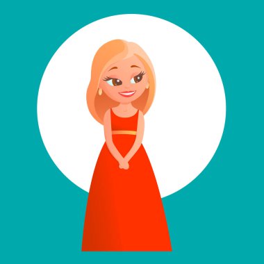 Kırmızı bir gece elbisesi içinde güzel ve mutlu sarışın kız. Prensese benziyor. Yüzünde tatlı bir gülümseme var. Vektör karikatür aşk teması üzerine izole illüstrasyon.