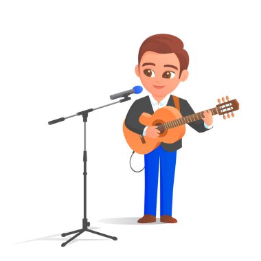 Gitar ve mikrofon ile genç erkek müzisyen