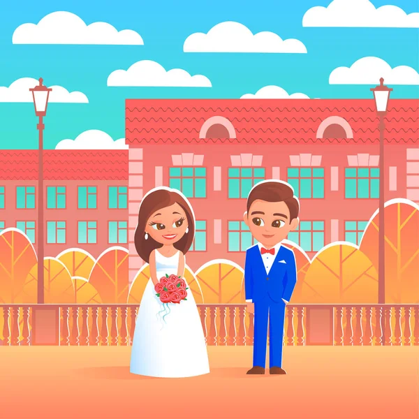 Hermosos Felices Novios Paseo Boda Soleada Ciudad Otoñal Alrededor Casa — Archivo Imágenes Vectoriales