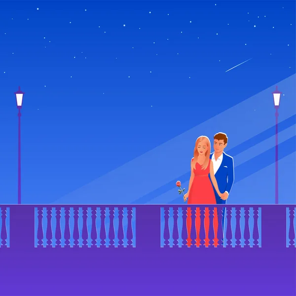 街の通りに美しくエレガントな男と女 恋のデート 彼女は赤いイブニングドレスを着ており 彼は青いスーツを着ている 背景は提灯と星空 ベクトルロマンチックなイラスト — ストックベクタ