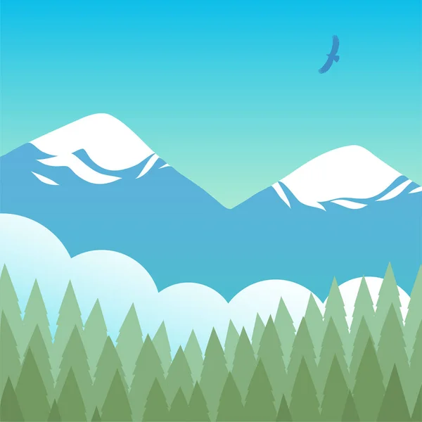 Coniferous forest, fog, mountains and an eagle. — Stock Vector