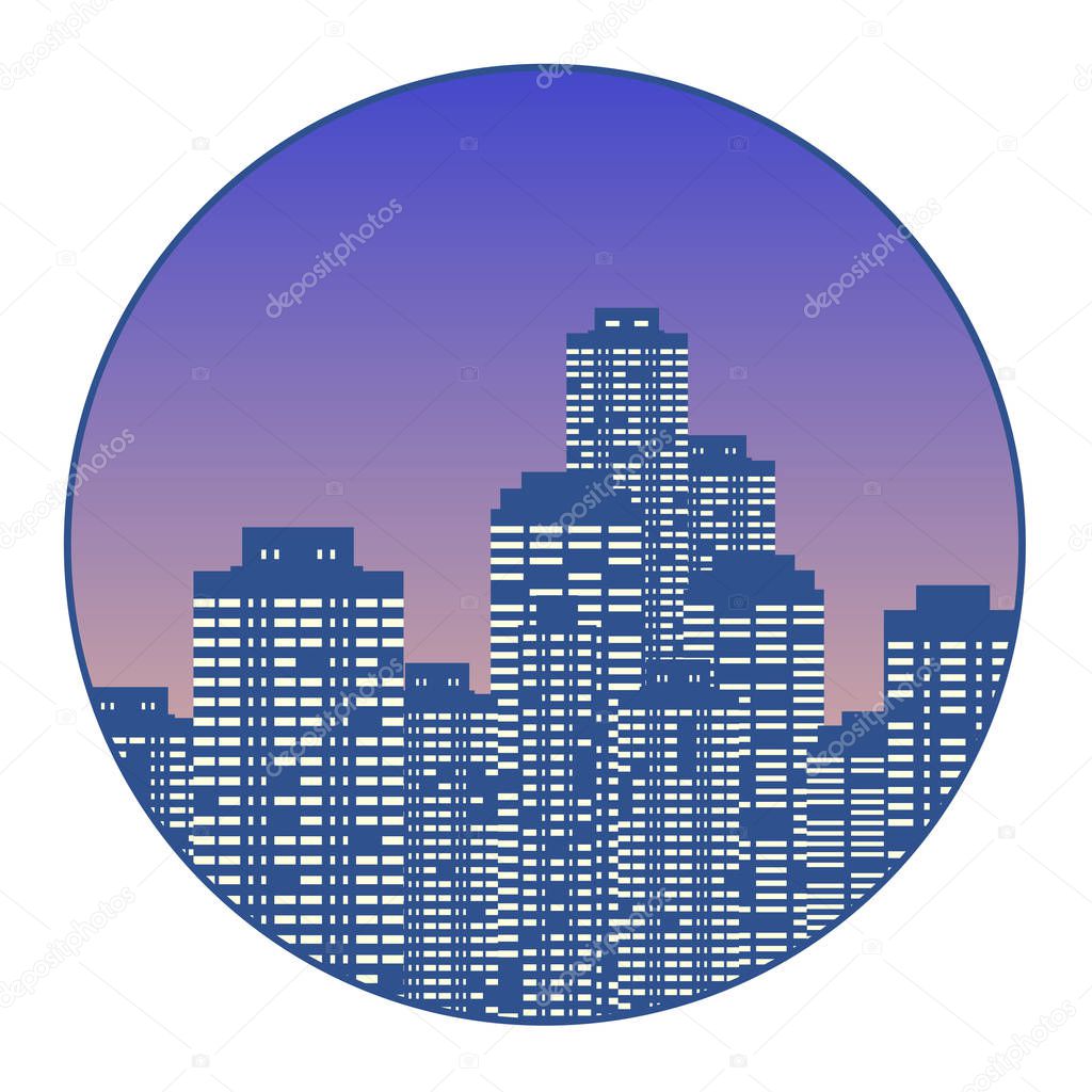 Night city with skyscrapers in a round frame.