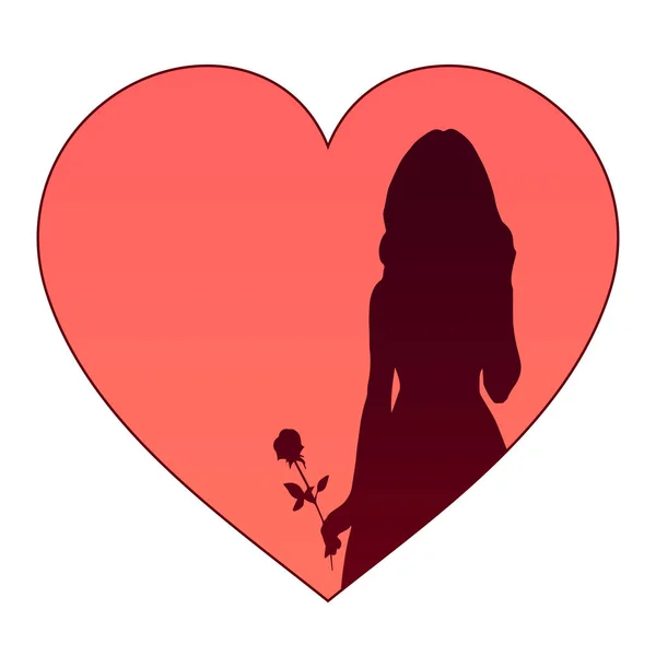 Silhouette d'une fille avec une rose sur fond de cœur — Image vectorielle