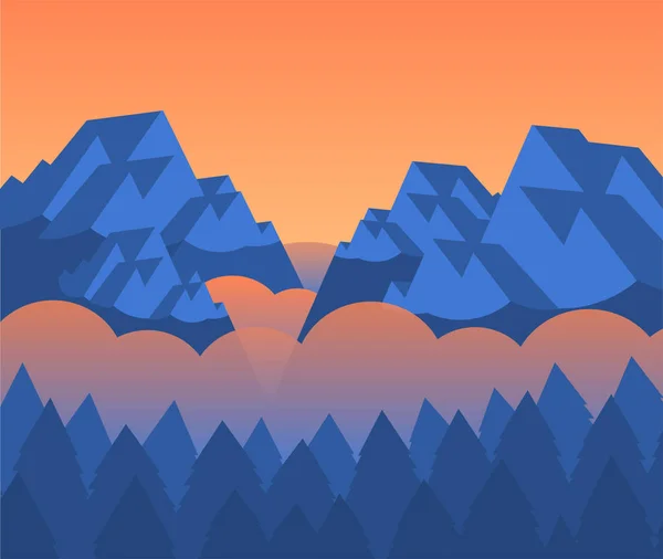 Paisaje con montañas, bosque y niebla naranja . — Vector de stock