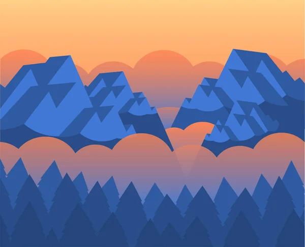 Morgenlandschaft mit Bergen, Wald und orangefarbenem Nebel. — Stockvektor