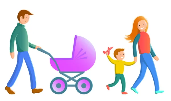 Egy apa babakocsival, egy anya és egy fia együtt sétálnak.. — Stock Vector