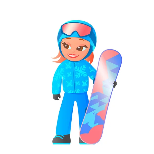 Girl in a ski resort with a snowboard in a helmet. — Stock Vector