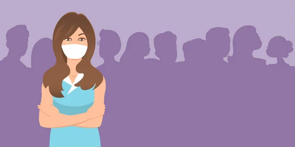 Meisje Met Een Beschermend Masker Achtergrond Zijn Silhouetten Van Mensen — Stockvector