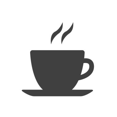 Sıcak bir bardakla siyah bir siluet. Çay ya da kahve. Yemek molası sembolü. Vektör izole edilmiş simgesi.