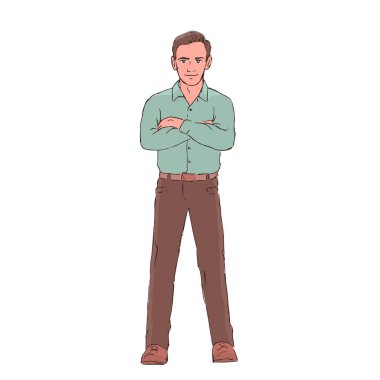 Kendine güvenen genç bir adam gömlek ve pantolon içinde duruyor. Ellerini göğsüne koy. Vektör izole illüstrasyonu.