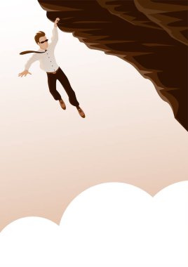 Kravatlı bir işadamı uçurumun kenarında tehlikeli bir şekilde asılı duruyor. Bir elle tutuyor. Risk ve ekonomik krizin sembolü. Metin için yeri olan dikey vektör illüstrasyon posteri.