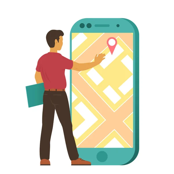 若い男は場所検索を使用しています 彼の前には地図と地理的位置を持つ大規模なスマートフォンです ベクトル分離図 — ストックベクタ