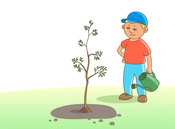 Niño Plantó Árbol Mantiene Feliz Con Una Regadera Dibujos Animados — Vector de stock