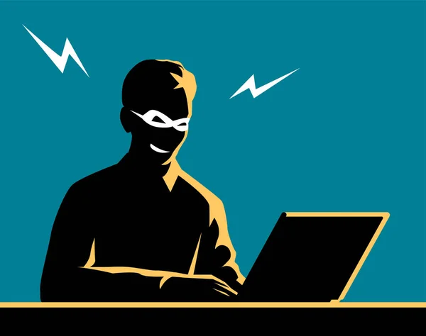 Männliche Hacker Einem Laptop Dunkle Silhouette Mit Bedrohlichem Gesicht Vektorillustration — Stockvektor