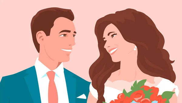 Novia Novio Cerca Caras Felices Recién Casados Ilustración Vectorial Sobre — Vector de stock