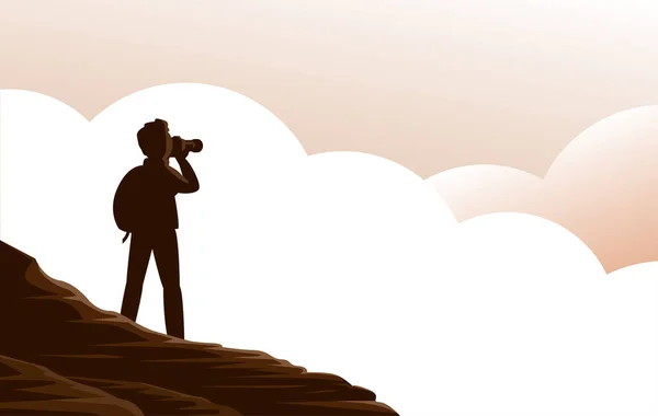 Man Toerist Met Een Camera Bergen Boven Wolken Reizen Prachtige — Stockvector