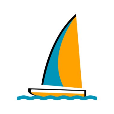 Beyaz bir arka planda yelkenli. Deniz kıyısındaki tatil beldesinin sembolü. Düz biçimde izole edilmiş vektör illüstrasyonu.