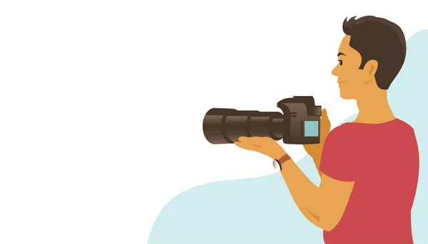 Genç Bir Adam Kamerayla Fotoğraf Çekiyor Uzun Telefon Lensleri Metin — Stok Vektör