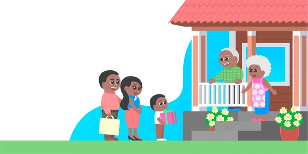 Baba, anne ve oğul dedeleri ziyaret eder. Çocuk bir hediye getirdi. Afro-Amerikan ailesi. Evin verandasında bir sahne var. Metin için yer alan vektör karikatür çizimi.