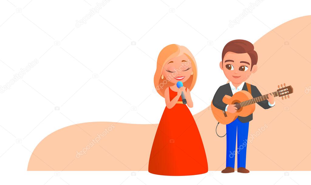 Cartoon cute boy and girl give a music concert. She sings into the microphone. He plays the guitar. Banner with place for text. Vector illustration.