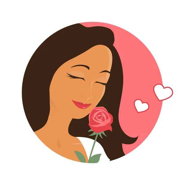Красивая Девушка Влюблена Розу Наслаждайся Цветочным Запахом Векторная Романтическая Иллюстрация — стоковый вектор