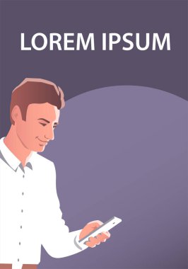 Genç adam akıllı telefonuyla bakıyor. Başarılı bir iş ya da harika bir teklif. İçinde mesaj olan bir poster. Vektör illüstrasyonu.