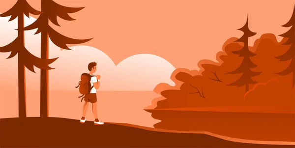 野生のリュックを持つ若い男 松の木の近くに立って 距離を調べる 旅行やアクティブなライフスタイルについての概念 ベクターイラストバナー — ストックベクタ