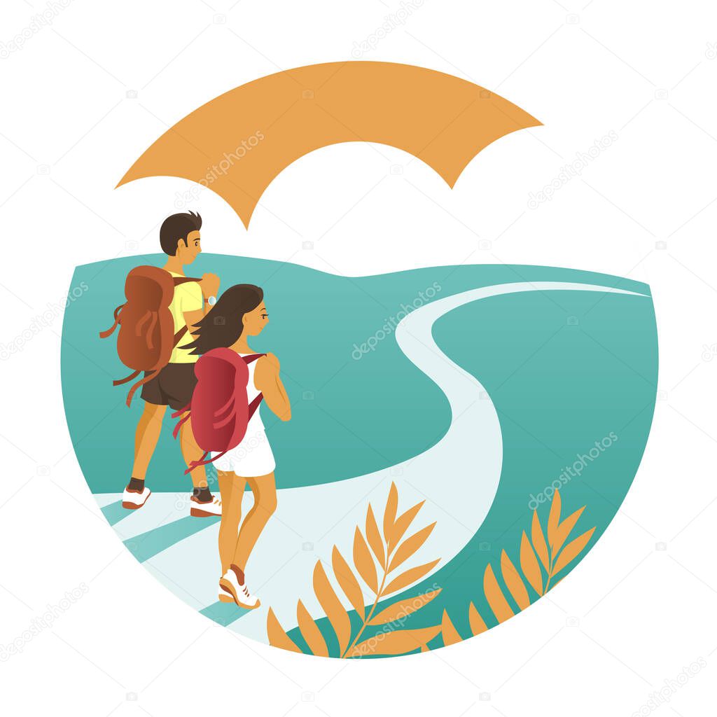 A young man and a girl are traveling with backpacks. They walk along the road in summer against the background of nature. Vector round illustration.