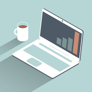Ofis bilgisayarı ve bir fincan kahve. Bilgisayar ekranında finansal büyüme tablosu. İş yeri konsepti. Vektör izometrik illüstrasyon