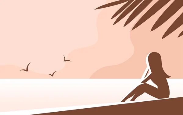 海滩度假胜地的一个女孩和棕榈树的轮廓 坐在沙滩上 看着阳光灿烂的落日 以暑假和旅游为主题的横幅 矢量说明 — 图库矢量图片
