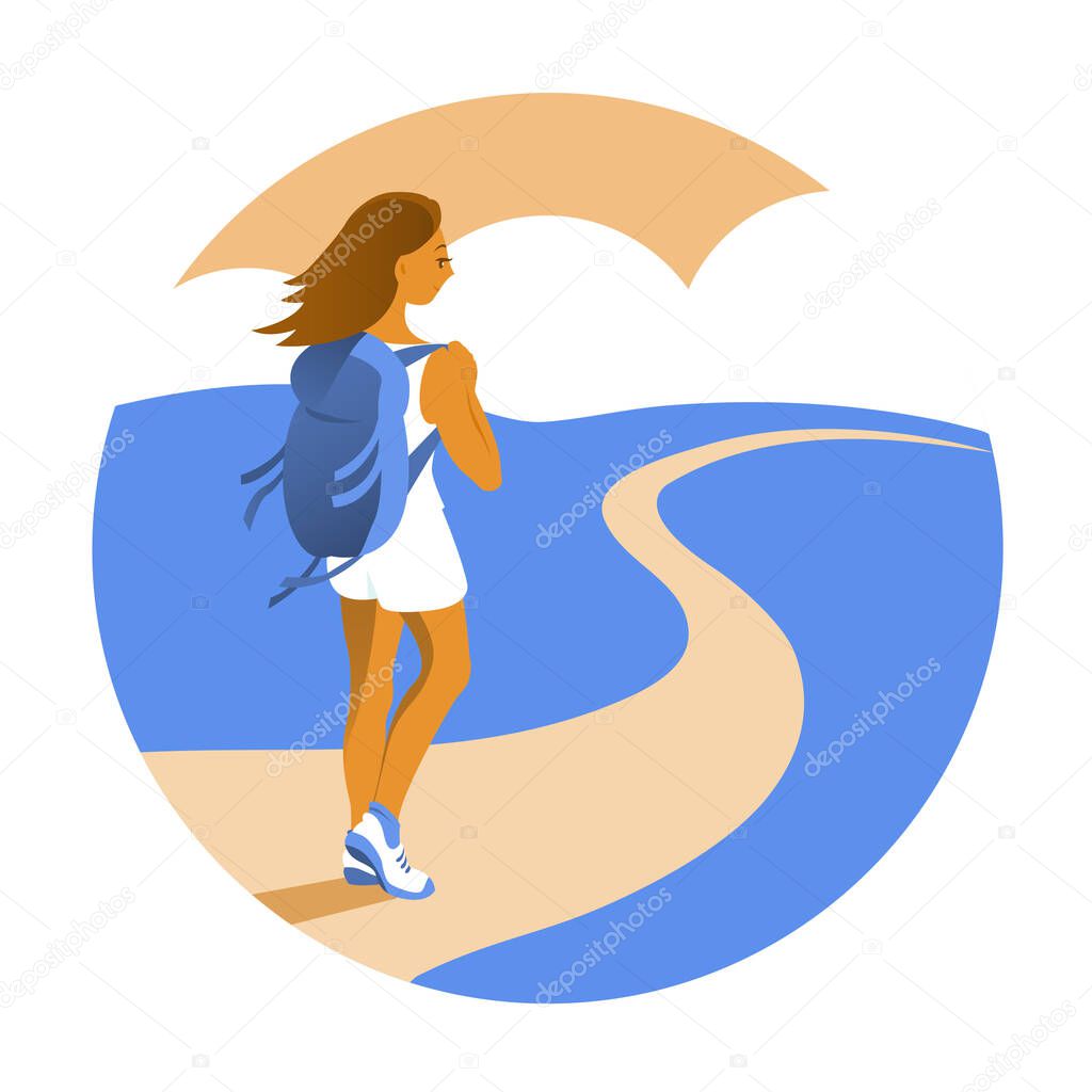 A young woman are traveling with backpacks. They walk along the road in summer against the background of nature. Vector round illustration.