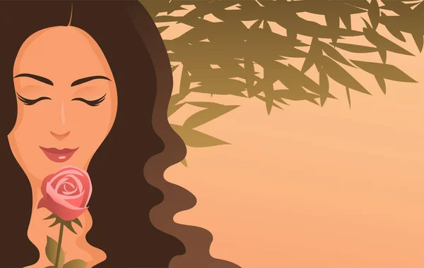 Retrato Una Hermosa Mujer Con Una Rosa Sobre Fondo Follaje — Vector de stock