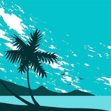 Tropikal palmiye silueti olan deniz kıyısı. Sahildeki manzara çok güzel. Bulutlu mavi gökyüzü. Mesaj için yeri olan pankart. Vektör illüstrasyonu.